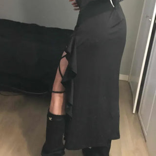 Asymmetrical unbalanced ruffle slim-fit long skirt