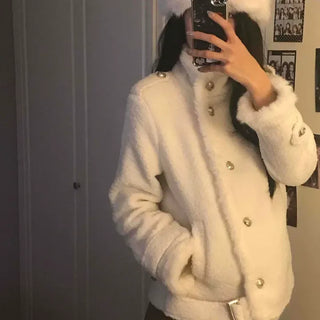 Fluffy Tweed Gold Button Loose Fit Jacket Coat