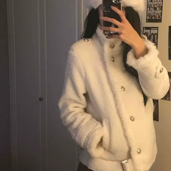 Fluffy Tweed Gold Button Loose Fit Jacket Coat