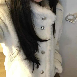 Fluffy Tweed Gold Button Loose Fit Jacket Coat
