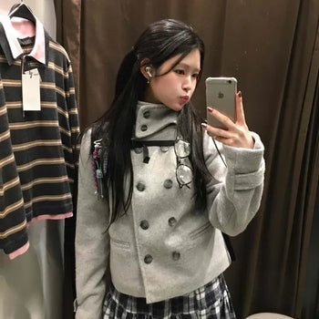 Hooded High-Neck Double-Button Short Coat