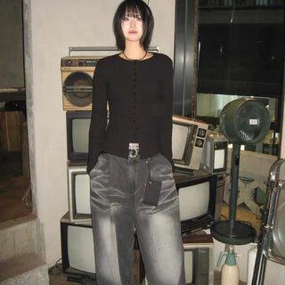Button Ribbed Slim Knit Cardigan
