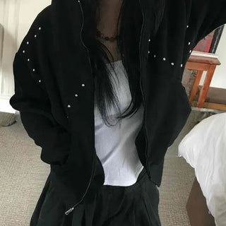 Chic Studded Loose Fit Cropped Zip-up