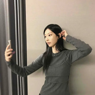 Layered Top Slim Round Neck Long Sleeve T-shirt Set