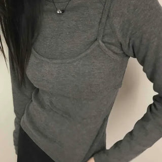 Layered Top Slim Round Neck Long Sleeve T-shirt Set