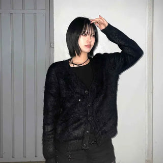 Angora V-neck Loose Fit Button Cardigan