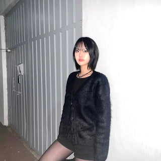 Angora V-neck Loose Fit Button Cardigan