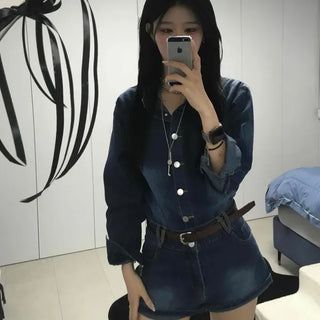 Retro vintage button denim two-piece
