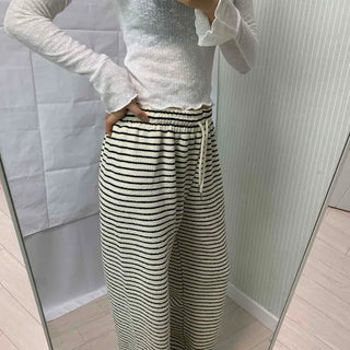 Natural Striped Elastic Waist Wide Training Pants