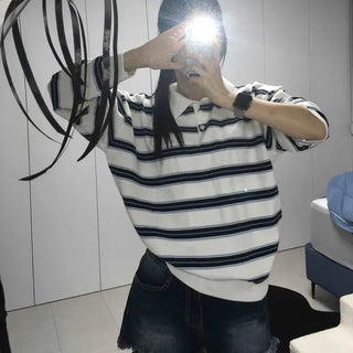 Striped Collared Button Long Sleeve T-shirt