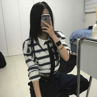 Striped Collared Button Long Sleeve T-shirt
