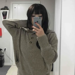 Turtleneck Button Neck Ribbed Loose Fit Knit