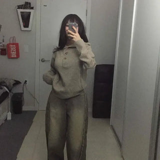 Turtleneck Button Neck Ribbed Loose Fit Knit