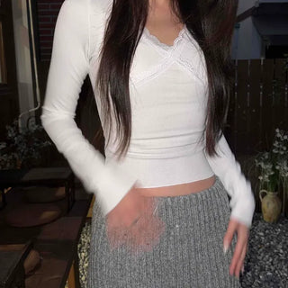 Ribbed Cross Lace Slim Fit Long Sleeve T-shirt