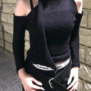 Cut Shoulder Slim Fit High Neck Long Sleeve T-shirt