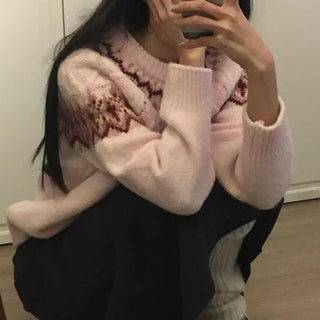 Jacquard Line Loose Fit Round Neck Knit