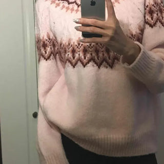 Jacquard Line Loose Fit Round Neck Knit