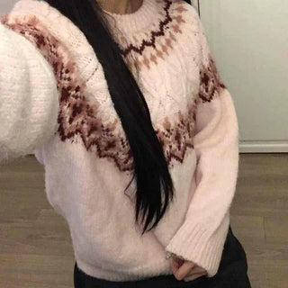 Jacquard Line Loose Fit Round Neck Knit