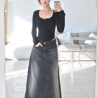 Washed Vintage A-Line Denim Maxi Long Skirt