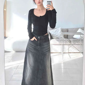 Washed Vintage A-Line Denim Maxi Long Skirt
