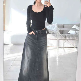Washed Vintage A-Line Denim Maxi Long Skirt