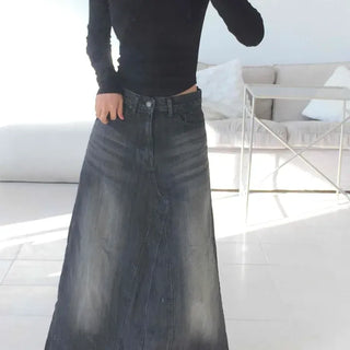 Washed Vintage A-Line Denim Maxi Long Skirt