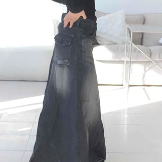 Washed Vintage A-Line Denim Maxi Long Skirt