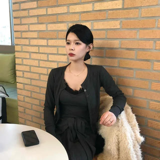 Lace Sleeveless Cardigan Wrap Skirt Pants Three-Piece Set