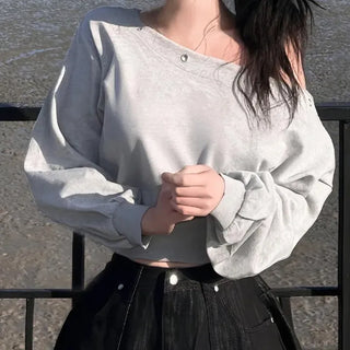 Eyelet Detail One-Shoulder Loose Fit Cropped Sweatshirt