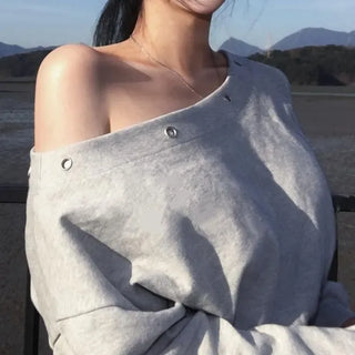 Eyelet Detail One-Shoulder Loose Fit Cropped Sweatshirt