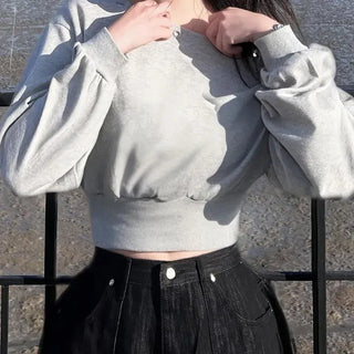 Eyelet Detail One-Shoulder Loose Fit Cropped Sweatshirt