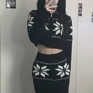 Winter Flower Zip-up Long Skirt Knit Two-Piece