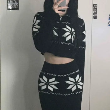 Winter Flower Zip-up Long Skirt Knit Two-Piece