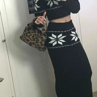 Winter Flower Zip-up Long Skirt Knit Two-Piece