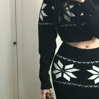 Winter Flower Zip-up Long Skirt Knit Two-Piece
