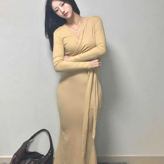 Glam Wrap Drape Slim Long Dress