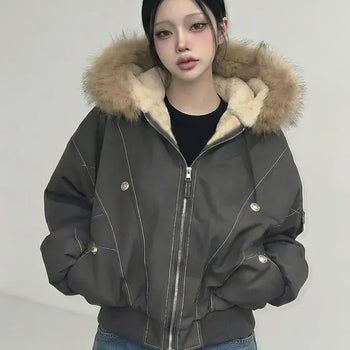 Big Fur Hood Zipper Pocket Elastic Waist Bomber Padded Jacket