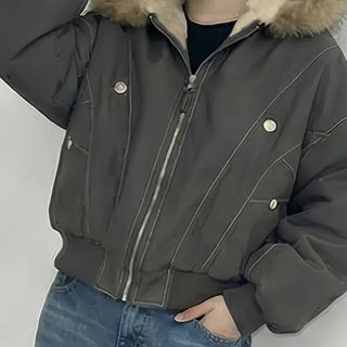 Big Fur Hood Zipper Pocket Elastic Waist Bomber Padded Jacket