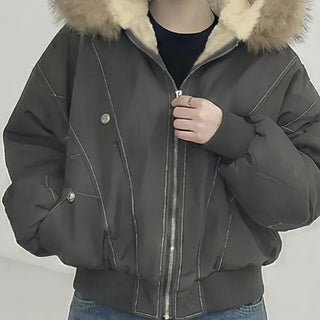 Big Fur Hood Zipper Pocket Elastic Waist Bomber Padded Jacket
