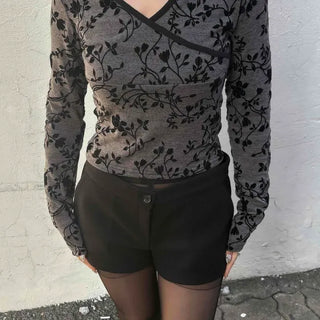 Trendy Floral Color Block Piping Slim V-Neck T-Shirt