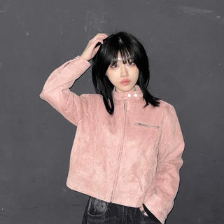 Soft Velvet Snap Crop Band Collar Jacket