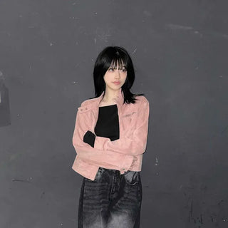 Soft Velvet Snap Crop Band Collar Jacket