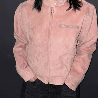 Soft Velvet Snap Crop Band Collar Jacket