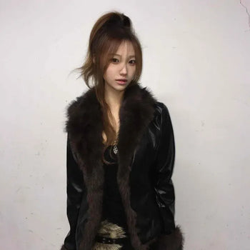 Vintage eco-fur slim-fit leather jacket