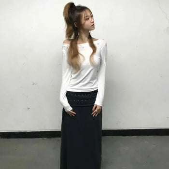 Studded Waist Point Straight Long Skirt