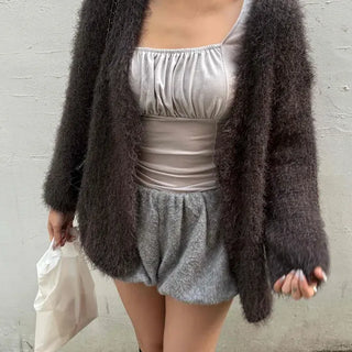 Stretchy Wool Short Cardigan with Yarn Point Embroidery