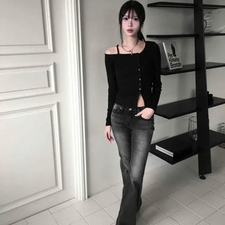 Edge Diagonal One-Off Shoulder Long Sleeve T-shirt