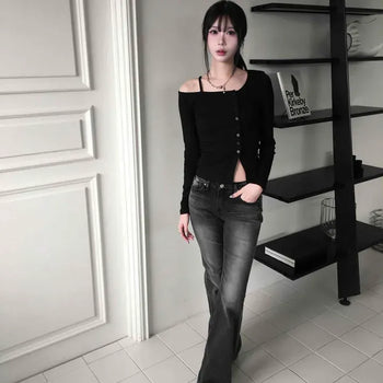 Edge Diagonal One-Off Shoulder Long Sleeve T-shirt