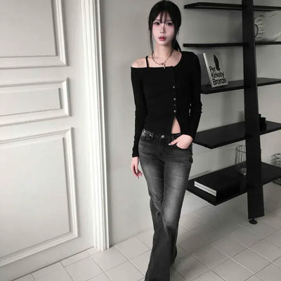 Edge Diagonal One-Off Shoulder Long Sleeve T-shirt