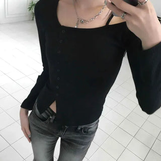 Edge Diagonal One-Off Shoulder Long Sleeve T-shirt